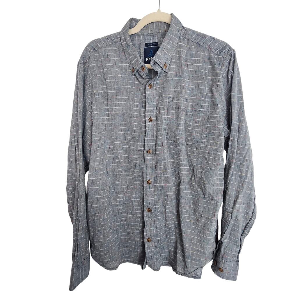 Prana Mens Button Down Shirt Size L Slim Fit Skater Skateboard Organic Cotton